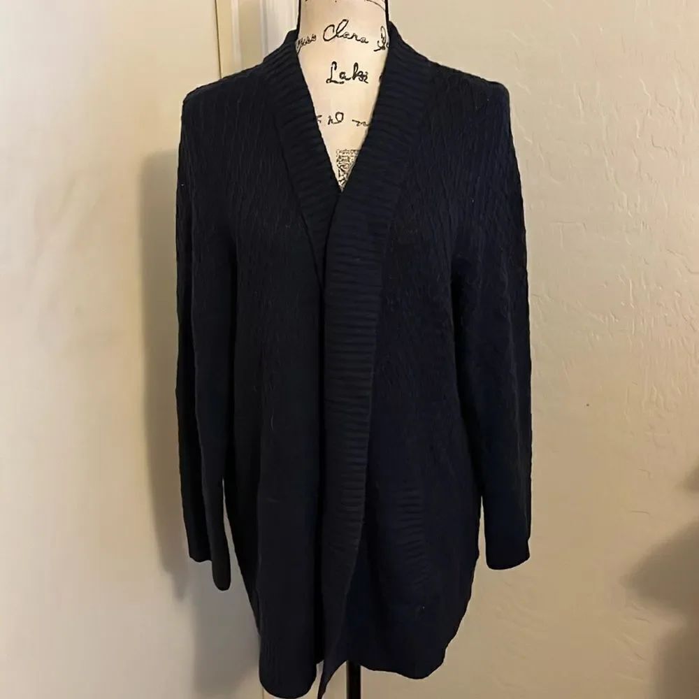 Talbots Blue Knit Open Style Pockets Cardigan Sweater Business Casual Office